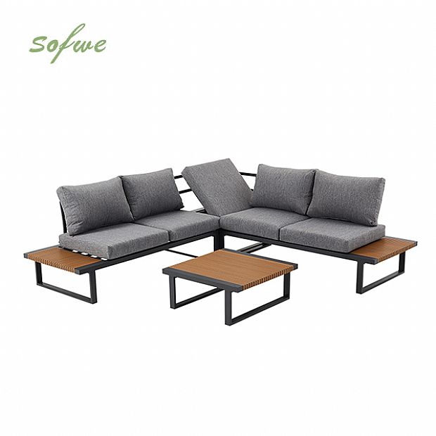 Outdoor Corner Sofa Set with Adjustable Backrest and Wood-Look Side Tables - 11C03E