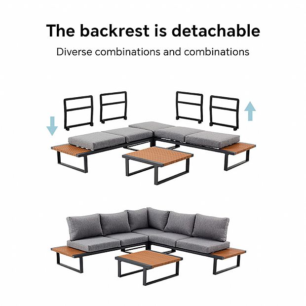 Outdoor Corner Sofa Set with Adjustable Backrest and Wood-Look Side Tables - 11C03E