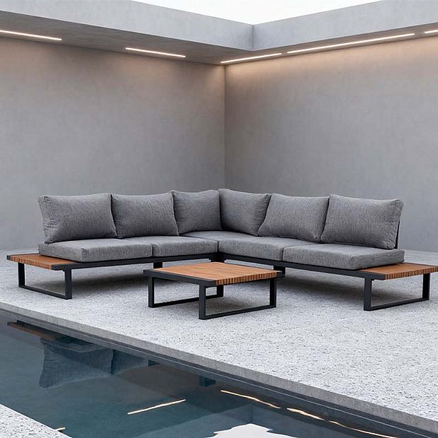 Outdoor Corner Sofa Set with Adjustable Backrest and Wood-Look Side Tables - 11C03E