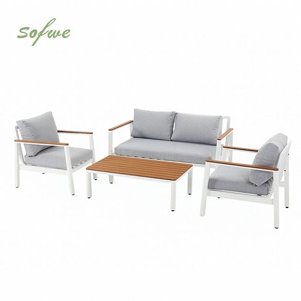 Outdoor 4-piece Aluminum Sofa Set with Wood Grain Finish - 11C11D