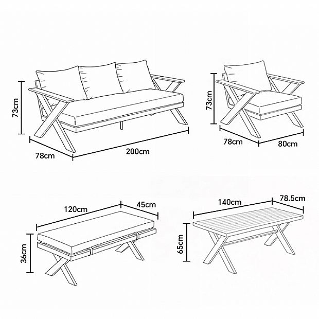 Wholesale Modern Design Outdoor Lounge Sofa Sets with X-leg Table and Bench - 11C12B