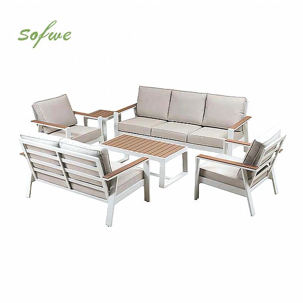 Wholesale 6-piece Outdoor Powder-coated Aluminum Patio Sofa Set with WPC Slat Table - 11C12C