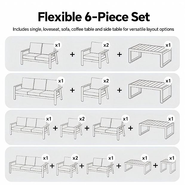 Wholesale 6-piece Outdoor Powder-coated Aluminum Patio Sofa Set with WPC Slat Table - 11C12C