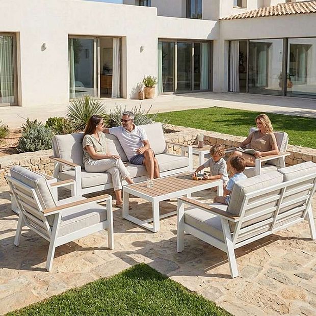 Wholesale 6-piece Outdoor Powder-coated Aluminum Patio Sofa Set with WPC Slat Table - 11C12C