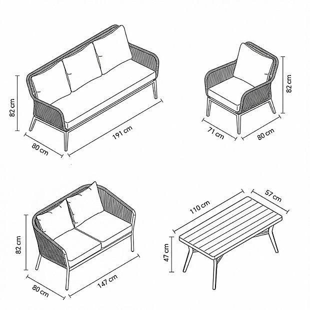 Wholesale All-weather Rope Woven Sofa Set with Outdoor Aluminum Frame Coffee Table - 11C12D