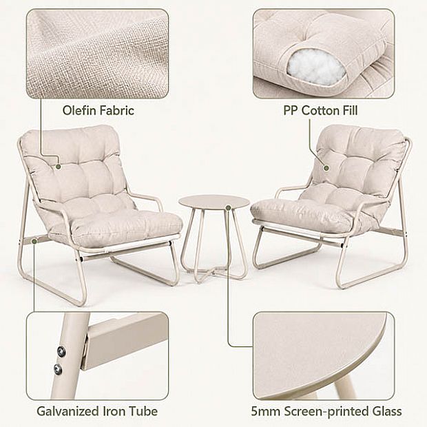 Wholesale 3-Piece Patio Lounge Set with Thick Cushions and Round Glass Table for Balcony Garden Outdoor - 11C12J