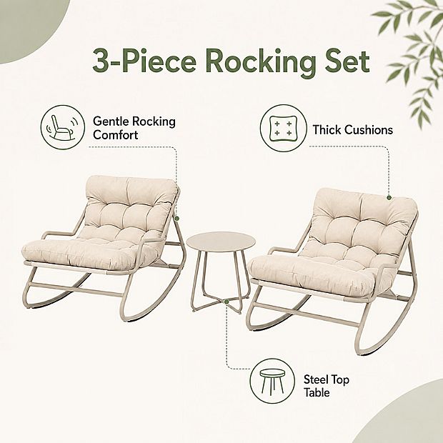 Wholesale 3-Piece Outdoor Rocking Patio Set with Thick Olefin Cushions and Steel Top Table for Balcony Garden Furniture Supply - 11C12L