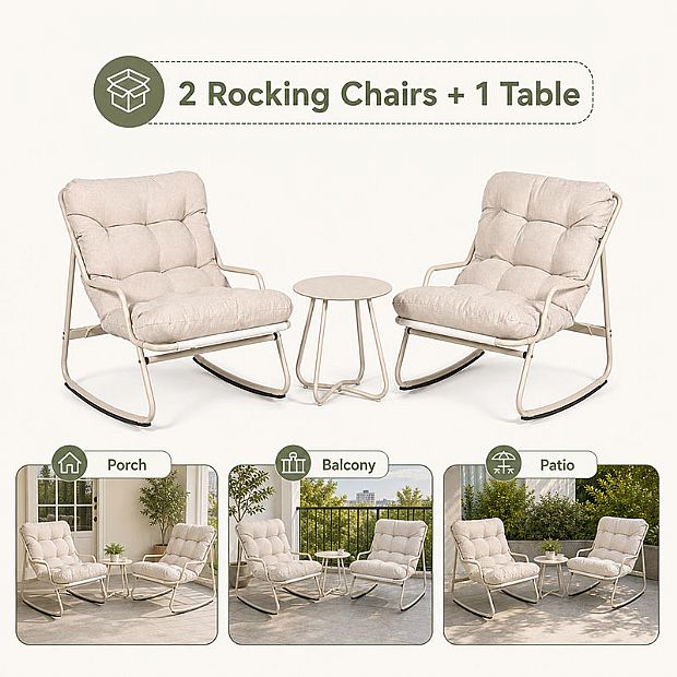 Wholesale 3-Piece Outdoor Rocking Patio Set with Thick Olefin Cushions and Steel Top Table for Balcony Garden Furniture Supply - 11C12L