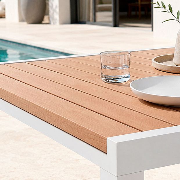 Wholesale Extendable Aluminum Patio Dining Table with Wood-Grain Slatted Top - 11D08F