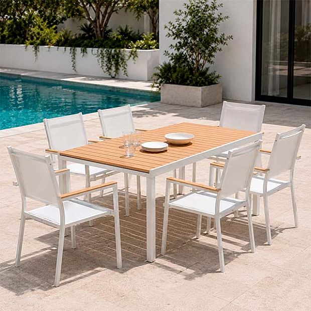 Wholesale Extendable Aluminum Patio Dining Table with Wood-Grain Slatted Top - 11D08F