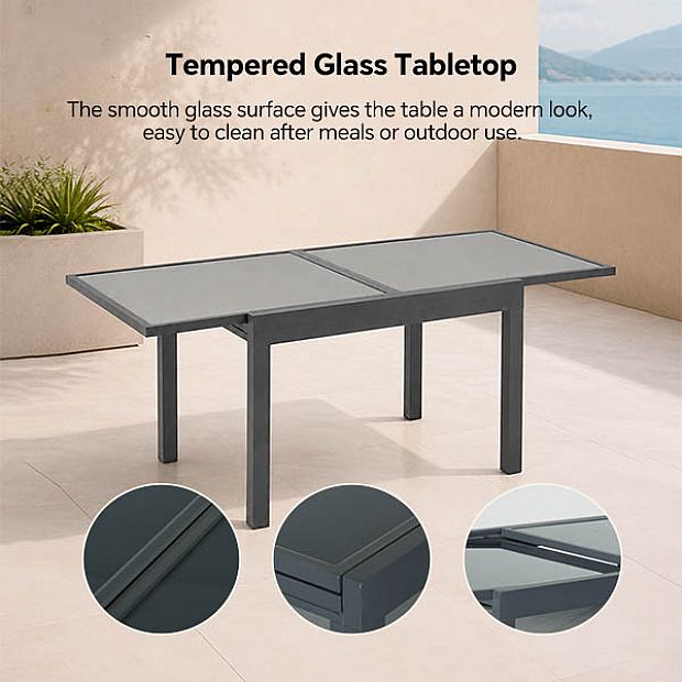 HF Patios Wholesale Extendable Outdoor Dining Table with 5mm Tempered Screen Printed Glass Top - 11D10A
