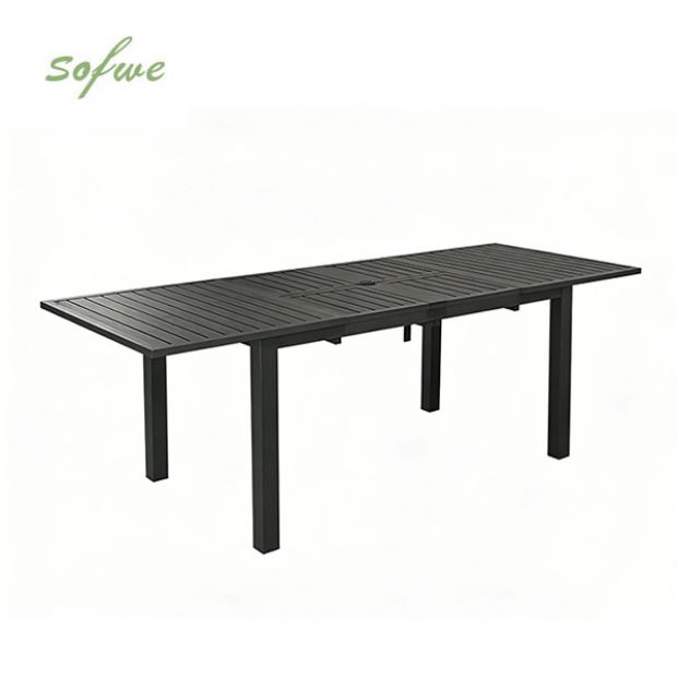 Aluminum Butterfly Leaf Extendable Patio Dining Table with Umbrella Hole for Garden - 11D26B