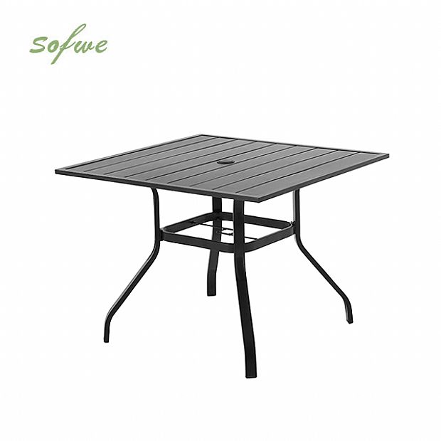 HF Patios Wholesale Square Iron Outdoor Dining Table with Umbrella Hole & Slatted Tabletop - 11C12N