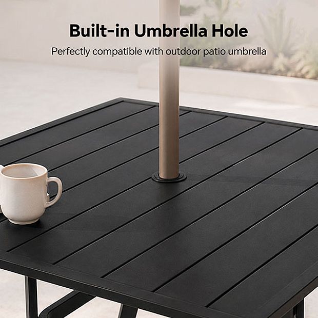 HF Patios Wholesale Square Iron Outdoor Dining Table with Umbrella Hole & Slatted Tabletop - 11C12N