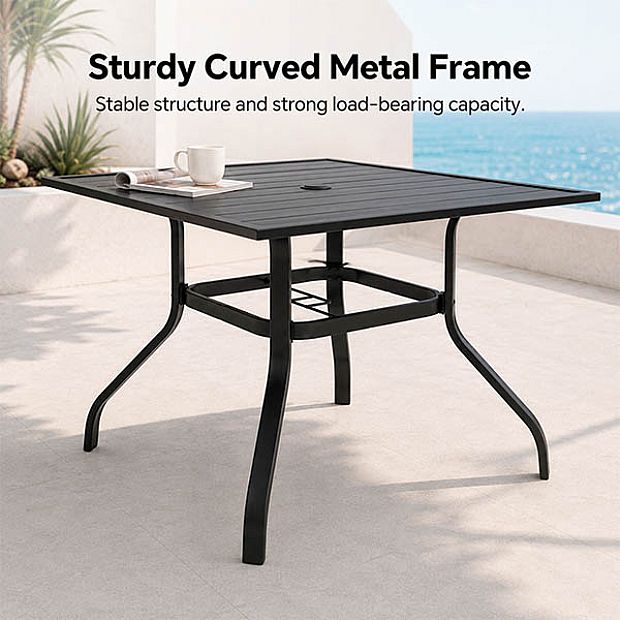 HF Patios Wholesale Square Iron Outdoor Dining Table with Umbrella Hole & Slatted Tabletop - 11C12N