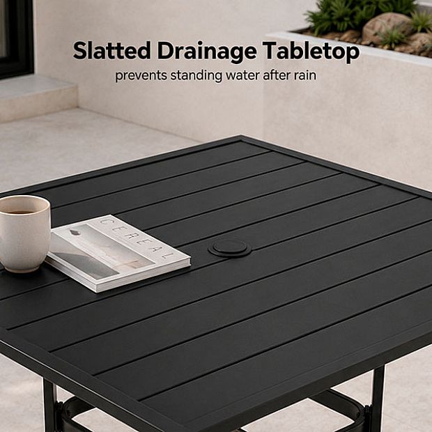 HF Patios Wholesale Square Iron Outdoor Dining Table with Umbrella Hole & Slatted Tabletop - 11C12N