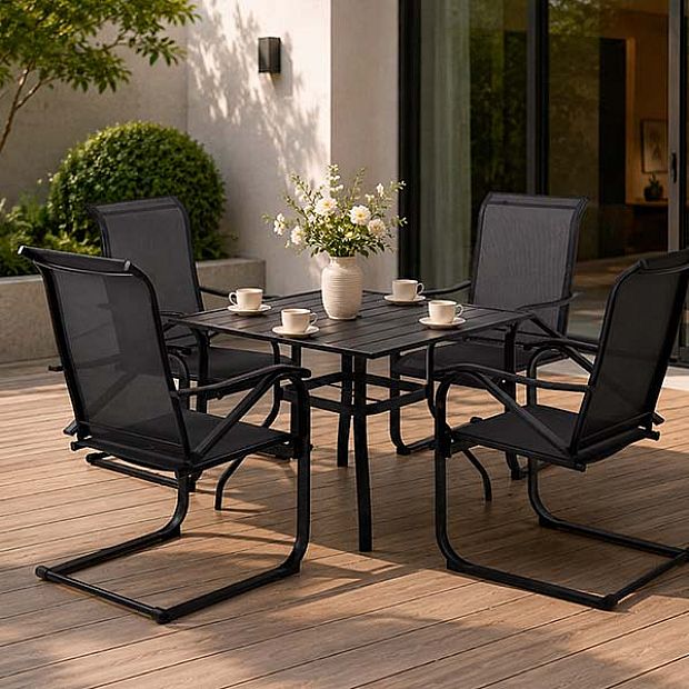 HF Patios Wholesale Square Iron Outdoor Dining Table with Umbrella Hole & Slatted Tabletop - 11C12N