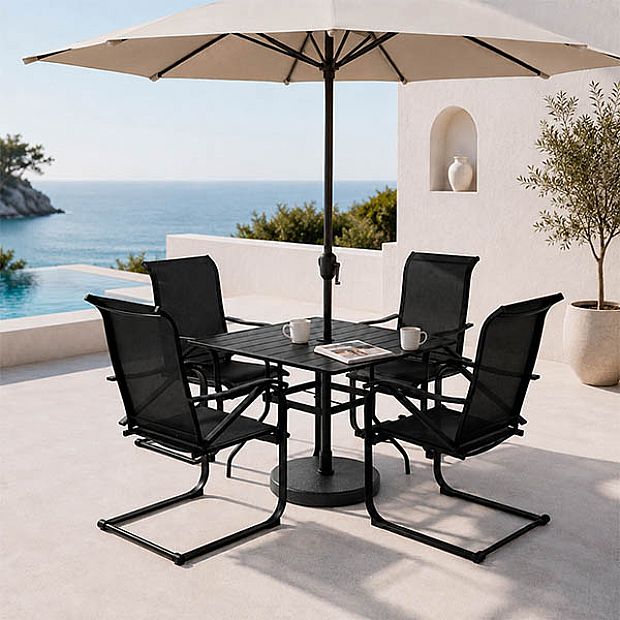 HF Patios Wholesale Square Iron Outdoor Dining Table with Umbrella Hole & Slatted Tabletop - 11C12N
