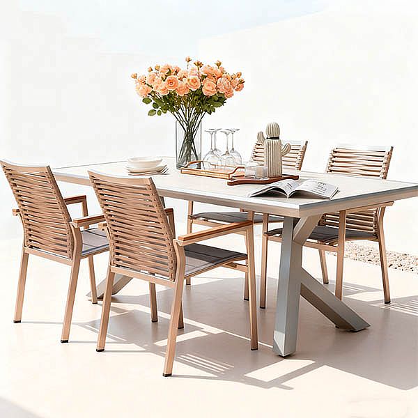 Outdoor 6-seater Aluminum Alloy Rectangular Dining Table with Wood Grain PS Tabletop - 11D26A