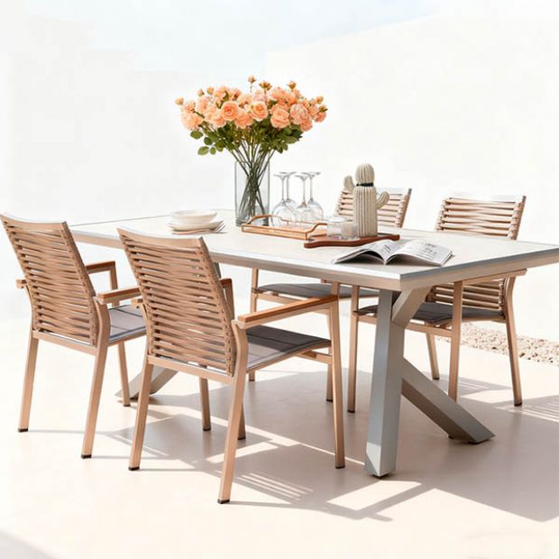 Outdoor 6-seater Aluminum Alloy Rectangular Dining Table with Wood Grain PS Tabletop - 11D26A
