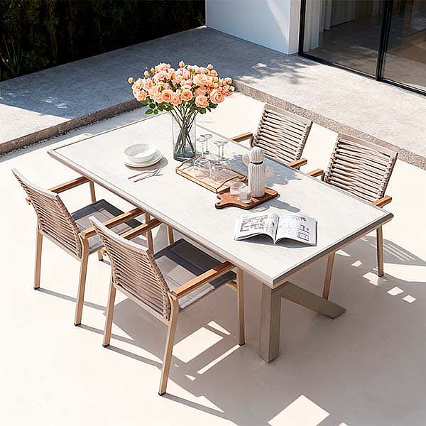 Outdoor 6-seater Aluminum Alloy Rectangular Dining Table with Wood Grain PS Tabletop - 11D26A