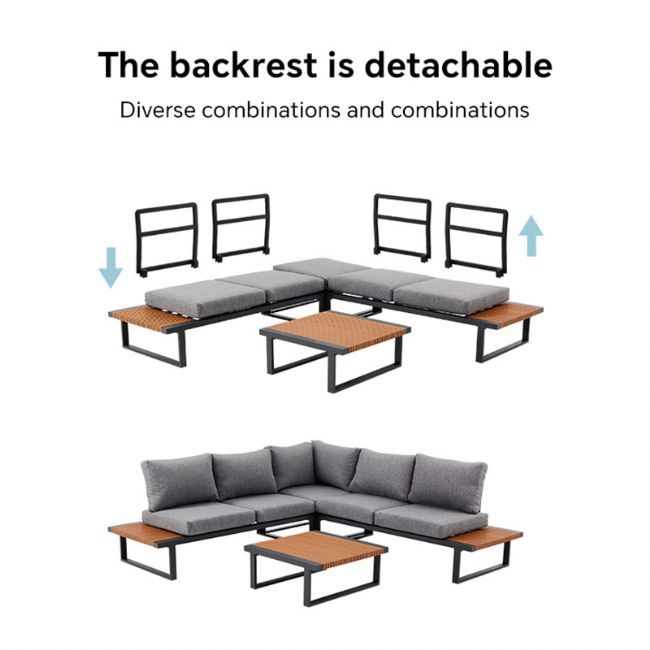 Outdoor Corner Sofa Set with Adjustable Backrest and Wood-Look Side Tables - 11C03E