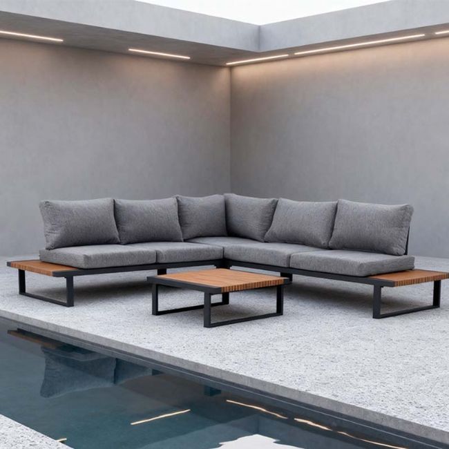 Outdoor Corner Sofa Set with Adjustable Backrest and Wood-Look Side Tables - 11C03E