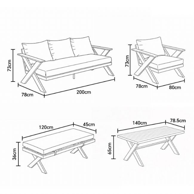 Wholesale Modern Design Outdoor Lounge Sofa Sets with X-leg Table and Bench - 11C12B