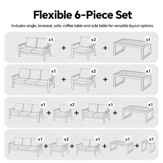Wholesale 6-piece Outdoor Powder-coated Aluminum Patio Sofa Set with WPC Slat Table - 11C12C