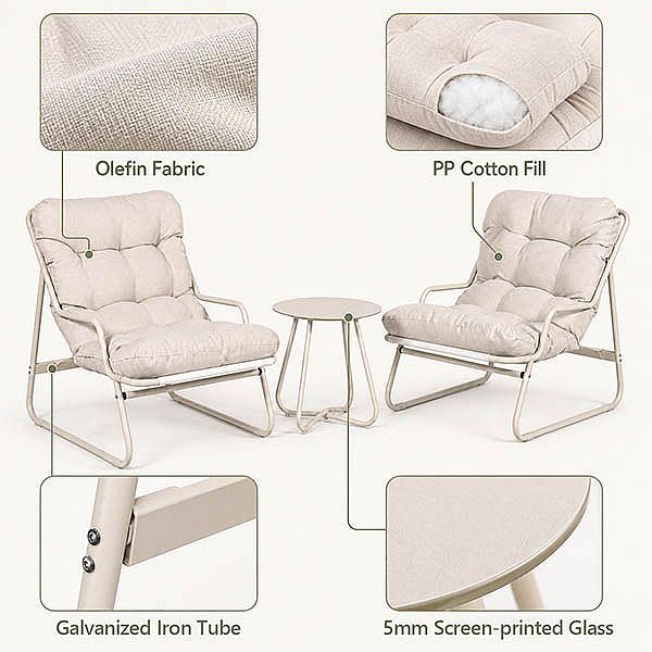 Wholesale 3-Piece Patio Lounge Set with Thick Cushions and Round Glass Table for Balcony Garden Outdoor - 11C12J
