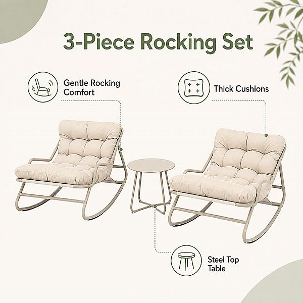 Wholesale 3-Piece Outdoor Rocking Patio Set with Thick Olefin Cushions and Steel Top Table for Balcony Garden Furniture Supply - 11C12L