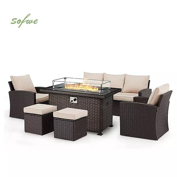 Wicker Rattan Patio Furniture Sofa Conversation Set With Fire Pit Table - 10C01F