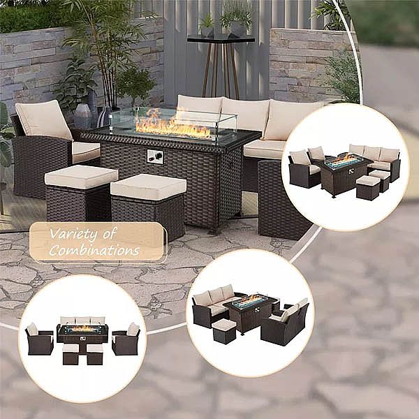 Wicker Rattan Patio Furniture Sofa Conversation Set With Fire Pit Table - 10C01F