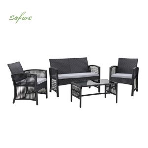 4 Piece Wicker Rattan Furniture Sofa with Tempered Glass...