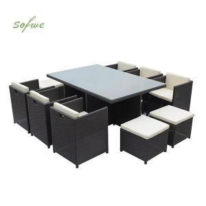 Space-saving Rattan Cube Dining Table with Six Chairs
