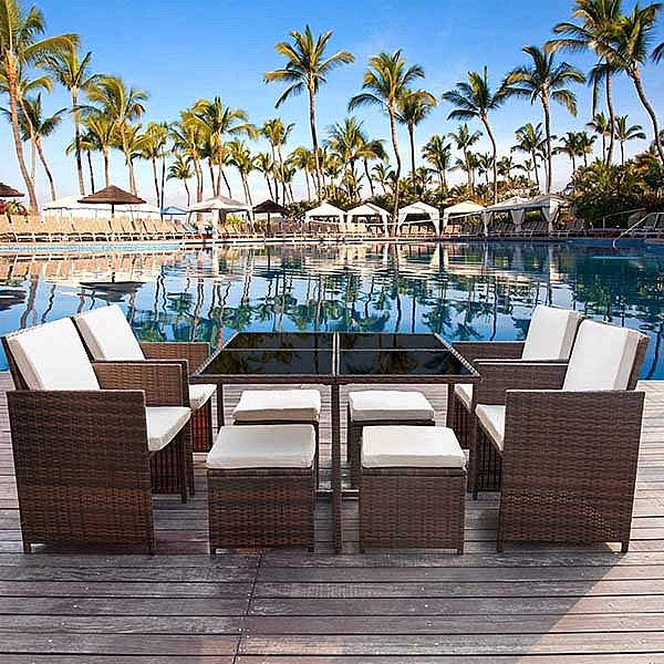 Luxury Outdoor Wicker Dining Table Set with Armchair and Ottoman - 10D01C