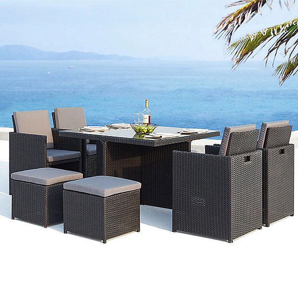 Outdoor Wicker Dining Set With Two Ottoman and Four Armchairs Dining Table - 10D01D