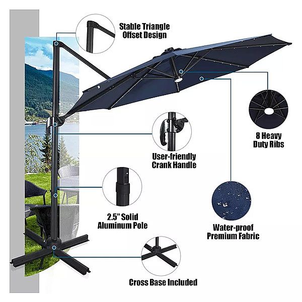 Solar LED 360-Degree Rotation Cantilever Patio Umbrella - 11U01K